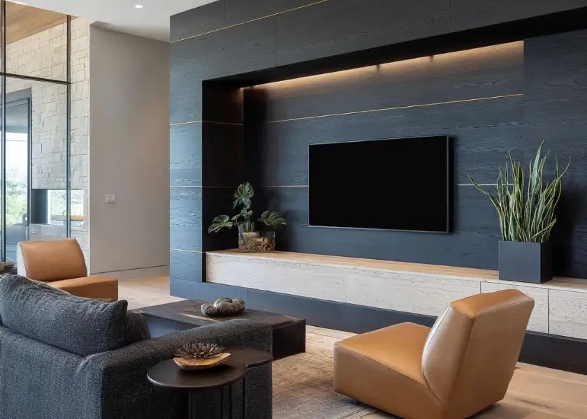 Ruang TV Minimalis Mewah dengan Kombinasi Hitam Matte dan Lampu Hidden LED